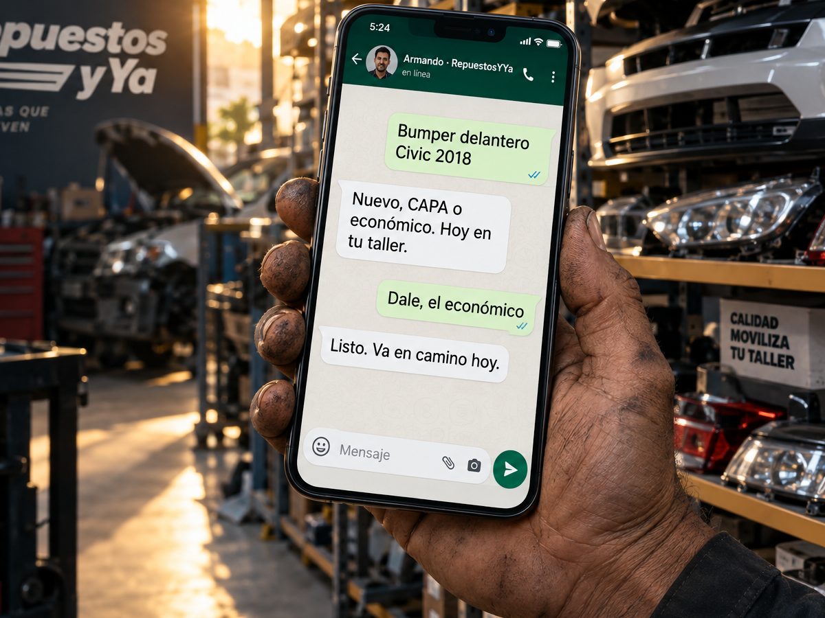 A mechanic texting Armando a part request on WhatsApp from the shop